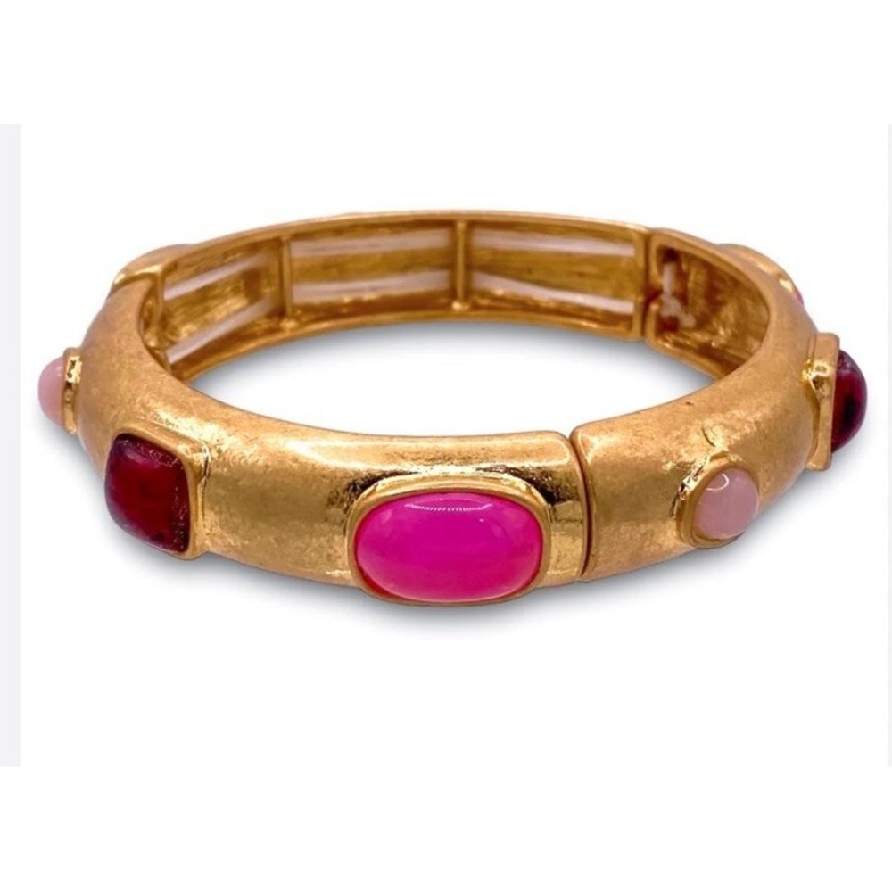 New Influence Fashion Stretch Fushia Resin Stone Bangle Bracelet Gold Tone